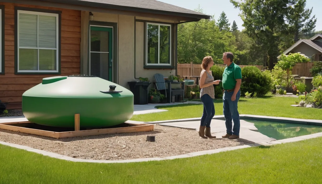 A homeowner in Arvada talking with a septic provider beside a backyard tank access lid